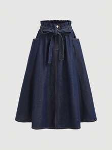 Girlism 少女纽扣腰带设计时尚百搭休闲牛仔迷你裙 - 深色水洗藍 - 查看 5