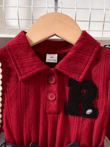 SHEIN Elladie kids 女童条纹长袖翻领拼接棕色连衣裙，活泼可爱，适合派对、日常穿着，秋冬季款。 - 彩色 - 查看 4