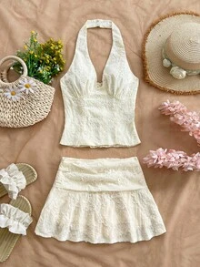 Soleia Women's Casual Solid Color Embroidered A-Line Skirt - Apricot - View 4