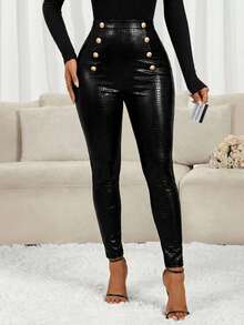 SHEIN Lady 女士时尚金属扣高腰打底裤