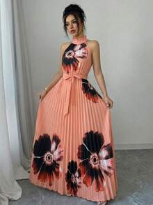 SHEIN Elenzya 女士花卉印花度假优雅荷叶领褶裥腰身A字浪漫连衣裙 - 彩色 - 查看 3