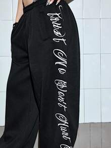 ROMWE Avant 街头风字母刺绣宽松低腰女式运动裤 - 黑色 - 查看 7