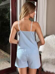 SHEIN Women 2 Sets Striped With Contrast Colour Binding Detail Homewear Top&Shorts Homewear Lounge Pajama Set - Multicolor - View 2