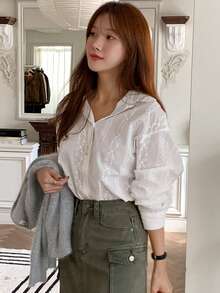 DAZY Lightweight Jacquard Long Sleeve Casual Blouse For Women, Spring - White - View 6