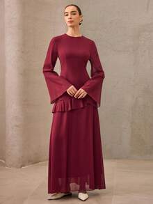 Graceveil Style Elegant & Romantic Brown Dress For Women, Suitable For Parties Red Dress  Elegant Modest Dress Maroon Dress Long Sleeve Elegant Dress Wine Dress Ruffle Trim Dress - Burgundy - View 3