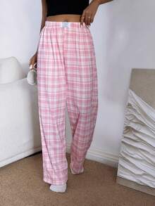 Dream Adore Women's Casual Pink Plaid Print Elastic Waist Straight Leg Pajama Pants Plaid Pajama Pants