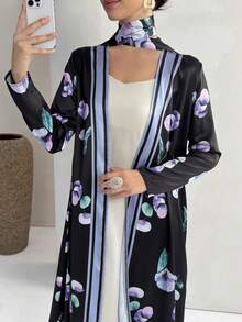 Yasmyna 女士花卉印花缎带装饰休闲宽松开衫睡袍，适合派对和外出穿着 - 彩色 - 查看 1