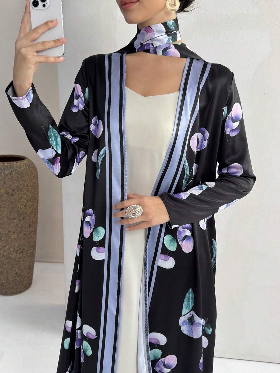 Yasmyna 女士花卉印花缎带装饰休闲宽松开衫睡袍，适合派对和外出穿着 - 彩色 - 查看 1