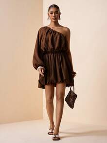 Zivah 2026 Spring & Summer New Arrival Wedding Season, Music Festival, Easter, Western, Nomadic, Bohemian, Nashville Style Party, Wedding, Gala, Date, Gathering, Birthday, College, Student, Daily Casual, Basic Versatile, Leisure, Vacation, Cruise Travel, Beach, Sunbathing, Trending, Elegant, Commute, Business Casual Oblique Shoulder Long Sleeve Ruched Crop Top + Loose Flare Mini Skirt Coffee Brown 2-Piece Set, Spring/Summer Party Set, Commute Set, Elegant Set, Vacation Set, Women 2-Piece Outfit - Coffee Brown - View 7