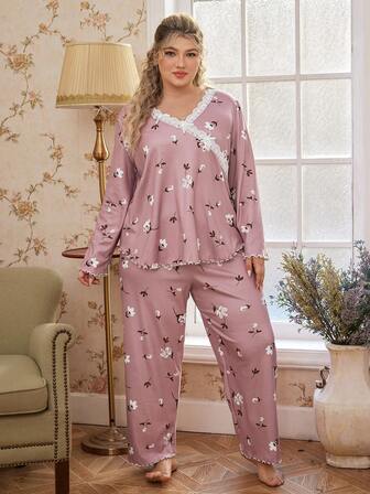 SHEIN 大码女士花卉蕾丝边睡衣套装