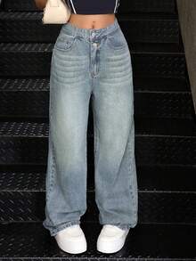 SHEIN Pantalones sueltos para niña preadolescente con contraste de color en el cuello y la cintura, en azul denim - Lavado ligero - Ver 6