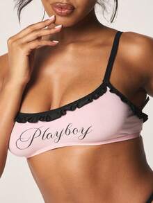 Missguided x Playboy 饰有Logo荷叶边的文胸，黑色撞色包边 - 粉色 - 查看 5