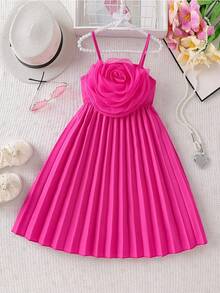 Glamorique Kids 女童纯色3D立体花卉装饰弹力腰A字褶皱连衣裙，适合海滩、生日派对、夏季穿着 - 玫紅色 - 查看 1