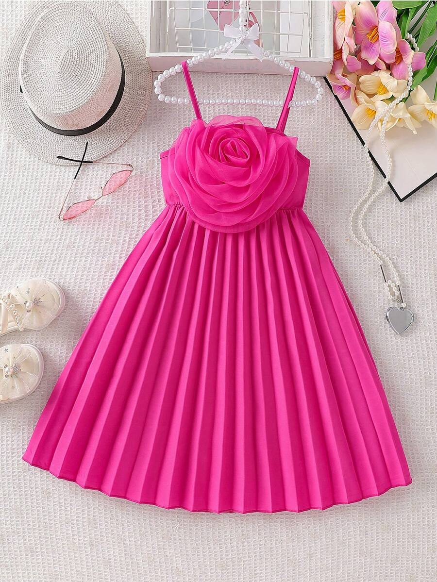 Glamorique Kids 女童纯色3D立体花卉装饰弹力腰A字褶皱连衣裙，适合海滩、生日派对、夏季穿着 - 玫紅色 - 查看 1