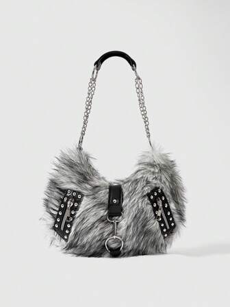 Grunge Punk حقيبة كتف للسيدات والنساء، حقيبة هوبو، من الفرو الصناعي، مزينة بالنيتات، عصرية، شخصية، متعددة الاستخدامات، للشارع، حلوة وجذابة، بنكية، Y2K، لكل الأيام، خريف وشتاء (نمط عشوائي)