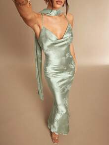 Silquee Đầm satin jacquard hở lưng chéo dành cho nữ, mùa xuân/hè. - màu xanh lá - Xem 1