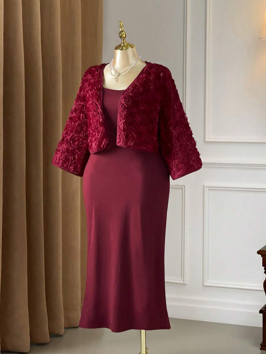 Modelyn Conjunto de 2 piezas elegante y romántico de chaqueta de malla 3D con flores sólidas y vestido maxi ajustado para tallas grandes - Burdeos - Ver 1