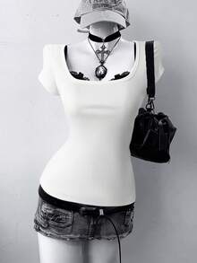 Sunspun Plus Size Summer Casual Solid Color Square Neck Ribbed Slim Fit Short Sleeve T-Shirt - White - View 1