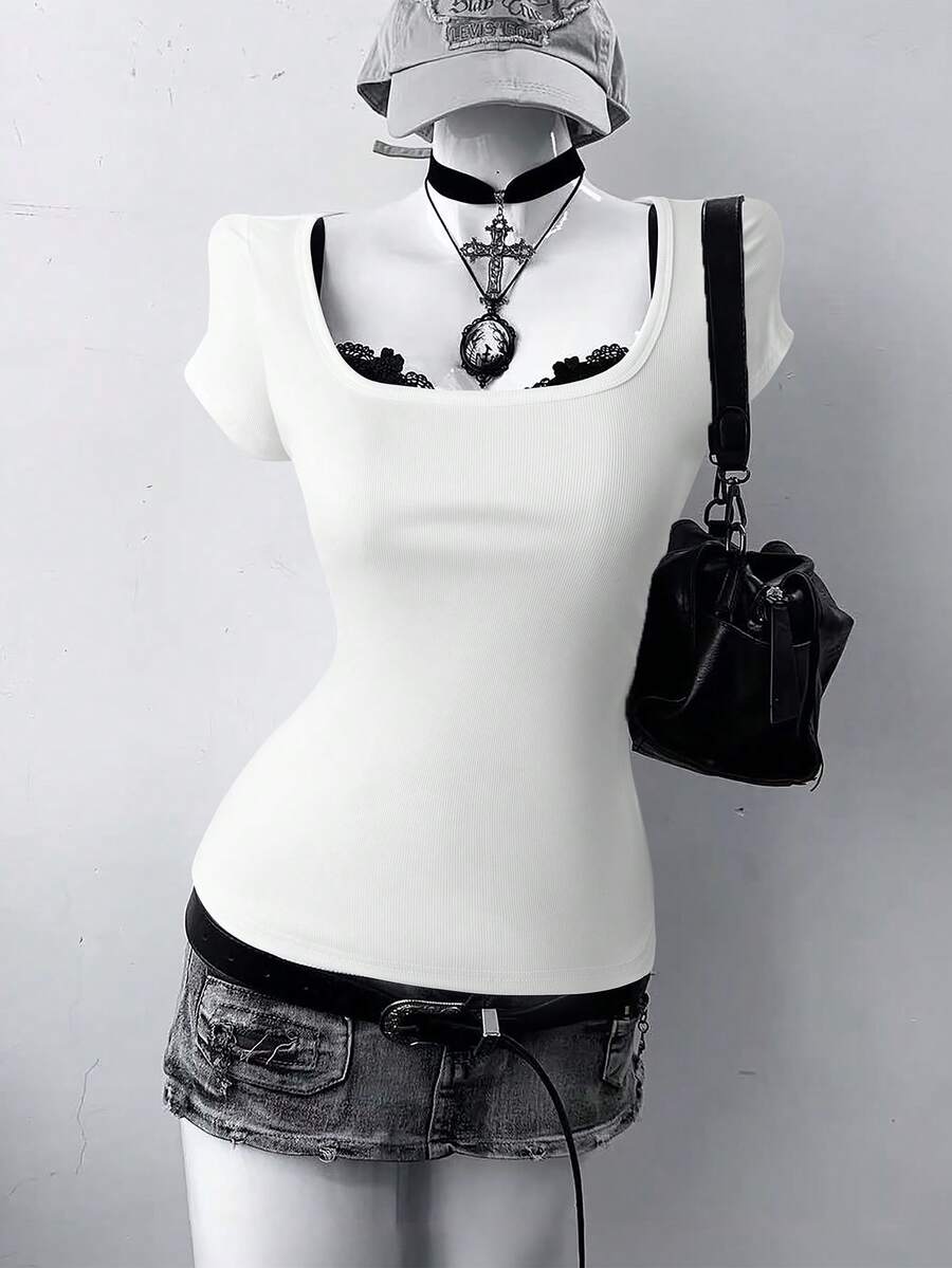 Sunspun Plus Size Summer Casual Solid Color Square Neck Ribbed Slim Fit Short Sleeve T-Shirt - White - View 1