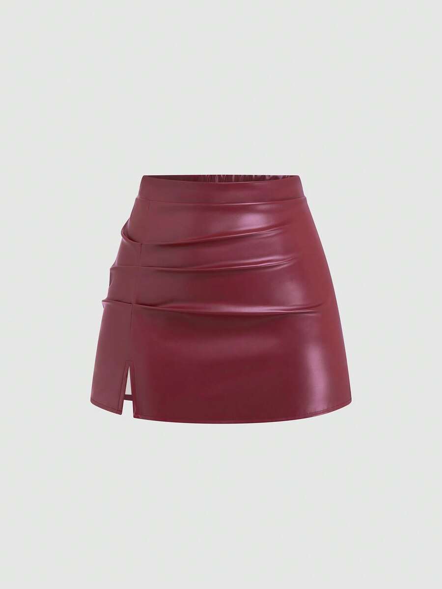 Sweetra Plus Size Women Ruched PU Leather A-Line Bodycon Mini Skirt With Side Slit - Red - View 1