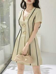 Heiryn Women's Elegant Commuter Contrast Trim Waist Sheath Dress - Apricot - View 5