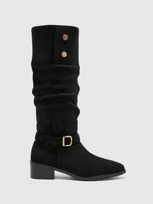 CUCCOO BIZCHIC Women's Buckle Design Everyday Fashion Pleated Chunky Heel Knee-High Boots - Black - View 2