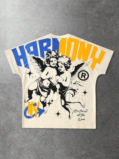 T-shirt casual da uomo a maniche corte con stampa di lettere angeliche e collo rotondo