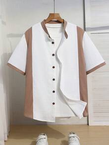 SHEIN Teen Boys' Beige Patchwork Khaki Contrast Collar Summer Beach Shirt, Casual, Collegiate, Comfortable, Fashionable, Versatile, Soft Fabric, Suitable For Daily Wear, School, Outings, Music Festivals, Holidays, Beach Vacations, Summer Vibes, Festivals, Spring/Summer Aesthetic Shirts Half Shirt Summer Shirt - Multicolor - View 5
