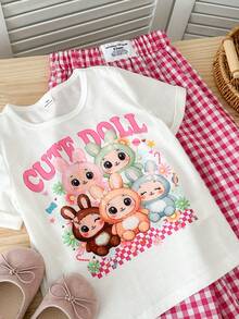 Genkimix Kids 2 peças/Conjunto Camiseta de Manga Curta com Estampa de Coelho para Meninas Jovens & Calça Xadrez Vermelha Solta de Perna Reta, Roupas de Algodão para Meninas - Branco - Visão 3