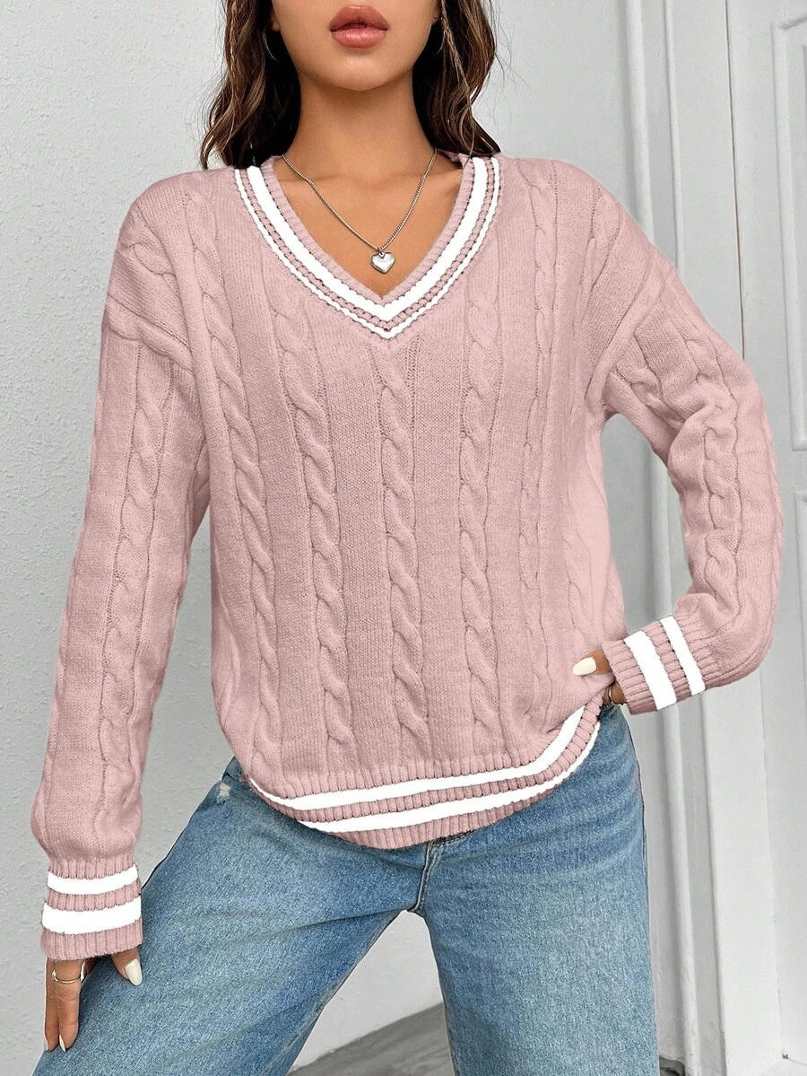 Contrast Color V-Neck Dropped Shoulder Long Sleeve Twist Knit Sweater - Baby Pink - View 1