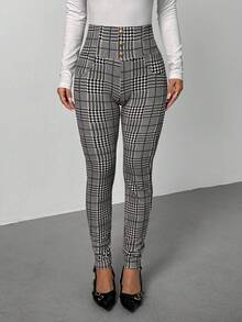 SHEIN PETITE Quần dệt kim cạp cao màu đen trắng họa tiết kẻ caro thanh lịch dành cho nữ, mùa hè - Đen và trắng - Xem 9