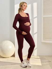 SHEIN Mono deportivo de maternidad de unicolor, de alta elasticidad y ajustado - Burdeos - Ver 5