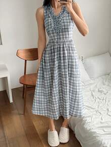 DAZY Đầm mặc nhà thường ngày kiểu dáng kẻ caro cổ chữ V cho thiếu nữ - Màu xanh lam - Xem 4