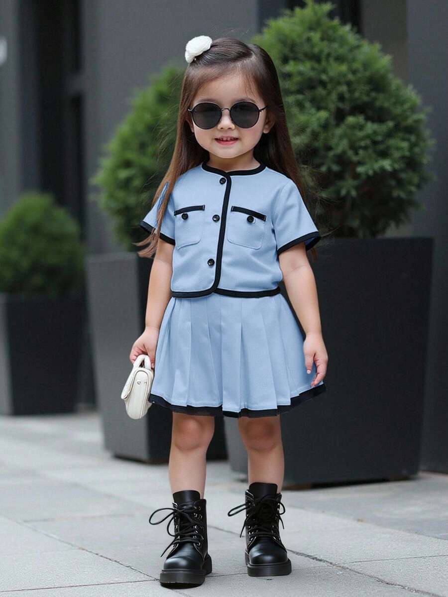 SHEIN 女婴撞色滚边短袖上衣和松紧腰褶裙套装,夏季 - 藍色 - 查看 1