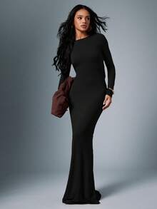 Hauture Women's Sexy Deep Drape Criss Cross Back Long Sleeve Maxi Dress - Black - View 2