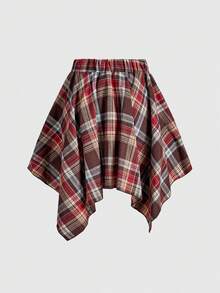ROMWE Grunge Punk Rok Berlapis Asimetris Motif Kotak-kotak Vintage Merah Kasual Musim Semi/Panas untuk Wanita - MultiWarna - View 2
