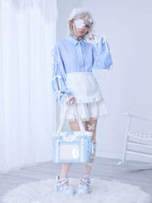 ROMWE EDITION Áo sơ mi dài tay kẻ sọc trang trí nơ dễ thương kiểu Kawaii dành cho nữ - Màu xanh lam - Xem 2