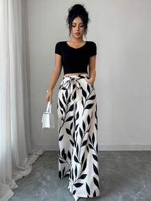 Elenzga Women's Elegant Printed High Waist Loose Wide Leg Pants, Casual Loose High Waist Extra Long Wide Leg Pants, Spring/Summer Fashion Trousers - Apricot - View 3