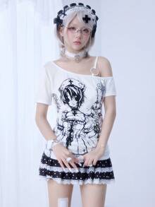 ROMWE Anime Millennium Cartoon Vine Cross Strap Short Sleeve Elastic Ruched Women T-Shirt - White - View 6