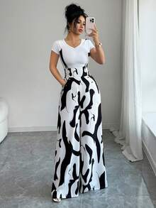 Elenzga Women's Elegant Digital Print Straight Leg Pants With Suspender And Button Decor, High-Waisted Design To Accentuate Curves, Versatile For Formal Work, Commute, Sexy Attire, Romantic French Style, Casual Outings, Vacations, Middle Eastern Vintage Themed Events, Cozy Afternoon Tea Gatherings, Glamorous Parties, As Well As New Year, Thanksgiving, Christmas, Valentine's Day And Other Holiday Celebrations - Black and White - View 8