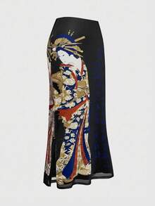 ROMWE Avant Vintage Japanese Geisha & Pine Tree Calligraphy Print Side Slit Mesh Skirt For Women