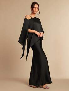 Silquee 纯色不对称领修身披肩连衣裙 - 黑色 - 查看 4