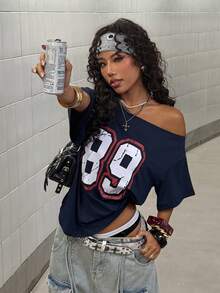 StreetHx 女士时尚藏蓝色斜肩印花T恤 - 藏蓝色 - 查看 6