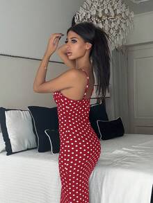 Ronhire 春夏女款黑白圆点性感露背细肩带连衣裙 - 紅色 - 查看 4