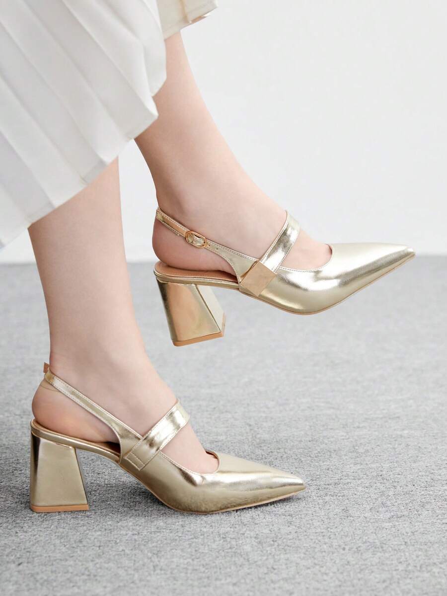 CUCCOO BIZCHIC Women's Fashion Apricot Color Metal Buckle Decor Chunky Heels Pumps, Classic Minimalist Design For Commuting, Dating, Party, Holiday, Wedding Valentine's Day Spring Shoes - Gold - View 1