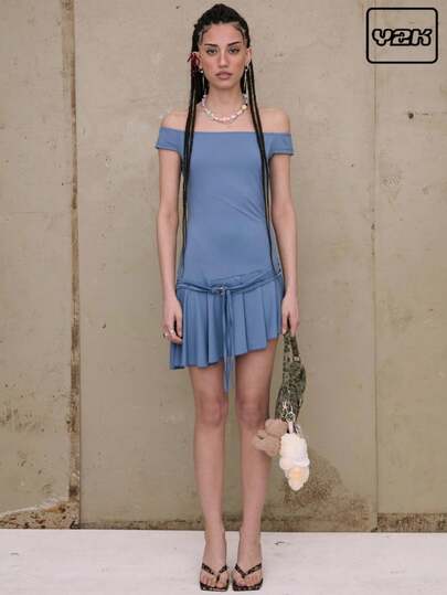 COUREZ Y2K 修身露肩迷你连衣裙，配腰带，适合度假夏季穿着，复古风格，适合女性