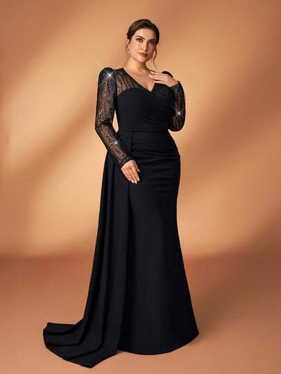 Serin Plus Size Elegant Luxurious Black Fringe Beaded Sequin Patchwork Elastic Knit Ruched Sheer Long Sleeve Mermaid Maxi Dress With Side Slit, Suitable For Wedding, Party, Vacation, Prom, Mother Of The Bride Dress Black Wedding Guest Dress