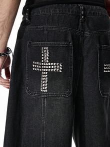 ROMWE MEN Street Life Men's Cross Patch Pocket Loose Fit Denim Shorts