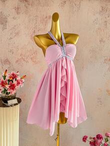 Elamini Women's Elegant Casual Everyday Versatile Party Sequin Ribbon Tie Neck Asymmetrical Hem Pink Short Dress, Spring/Summer - Pink - View 3