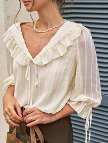 EMERY ROSE Women's Spring/Summer New Romantic Ruffle V-Neck 3/4 Sleeve Loose Blouse - Apricot - View 1